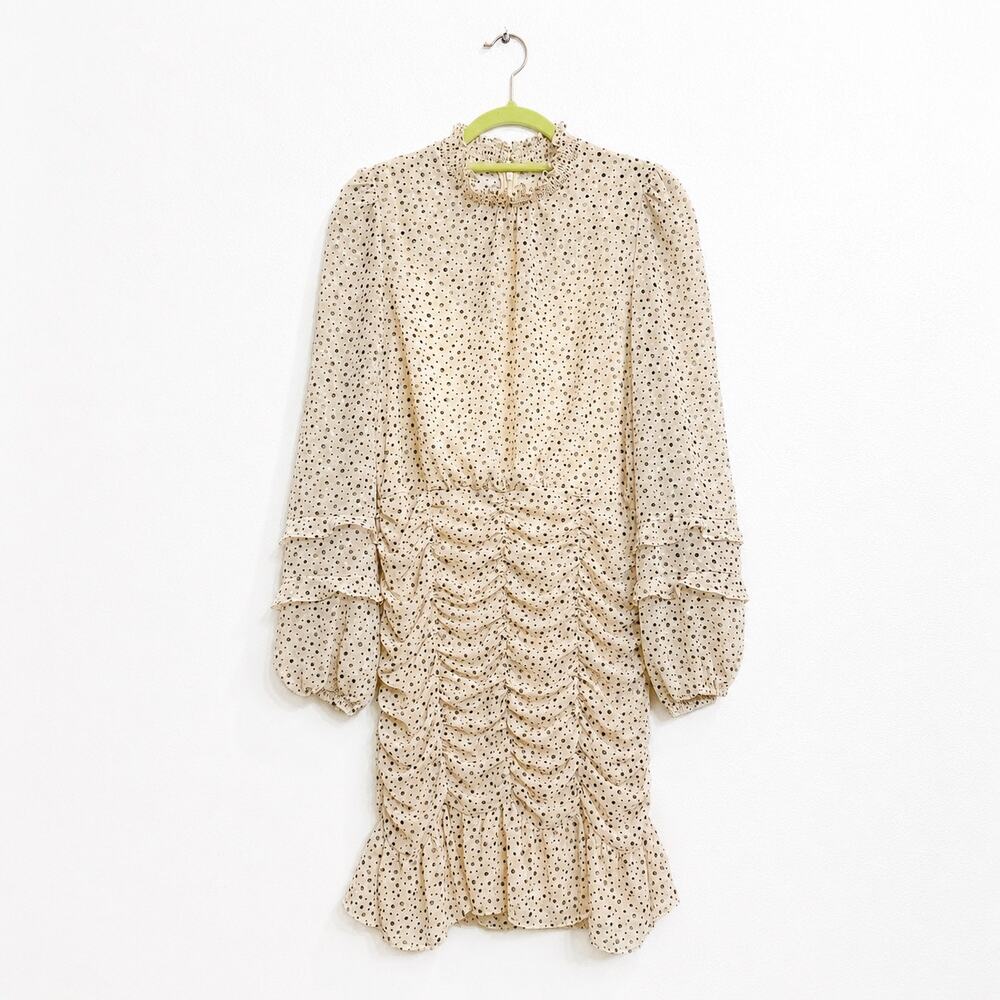 Adelyn Rae Cream Polka Dot Ruched Ruffle Long Sleeve Mini Dress Sz M NWT - Picture 2 of 12
